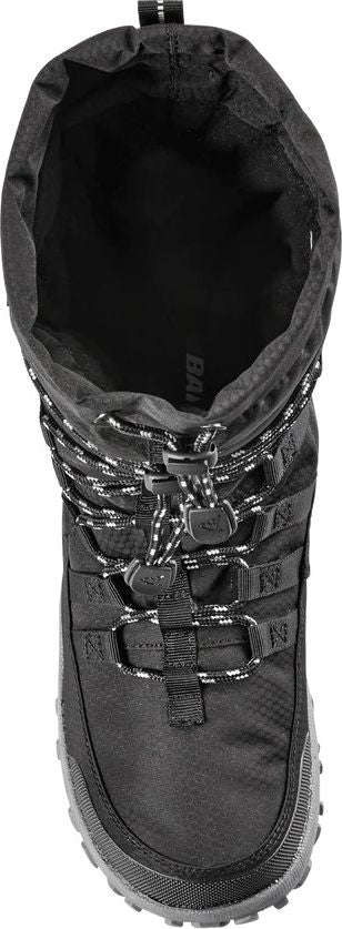 Top down view of a black boot with a lace up design and a flexible top.