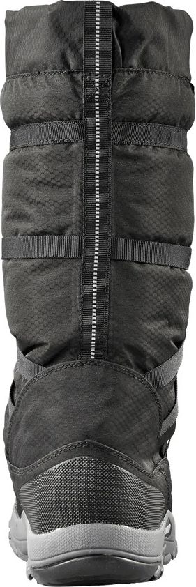 Rear view of a knee-high, black, quilted boot with horizontal straps.