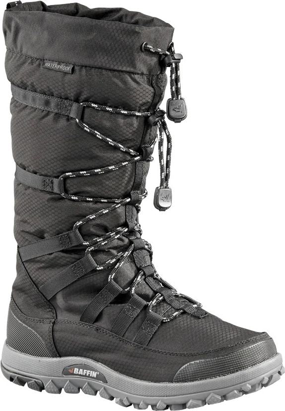 Tall black winter boot with gray sole and reflective laces that criss-cross up the shaft with toggle closure at the top.