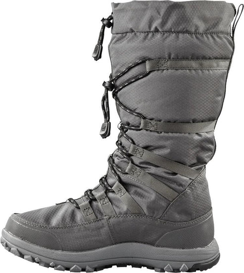Tall, gray winter boot with laces and a drawstring closure at the top.