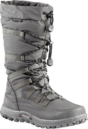 Gray tall winter boot with bungee lacing system, and Baffin logo on the sole.