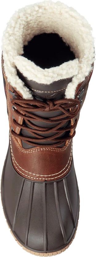 A brown duck boot with laces and faux fur trim.