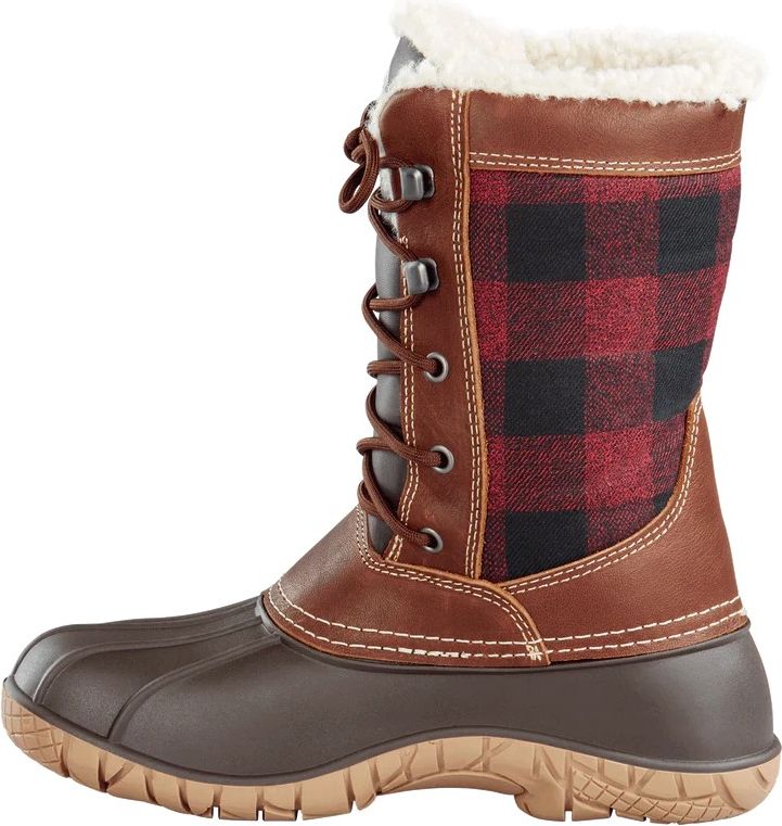 tall brown and red plaid winter boot with brown laces and a light sole, and white trim at the top