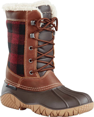 Brown leather and red-black plaid insulated winter boot with fur trim and brown laces.
