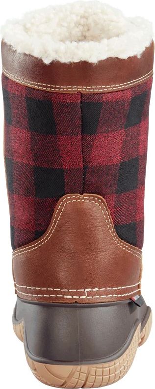 Rear view of a boot with a plaid upper and a brown rubber base.
