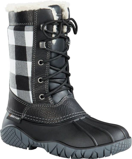 Black winter boot with white faux fur trim and white and black buffalo plaid shaft.