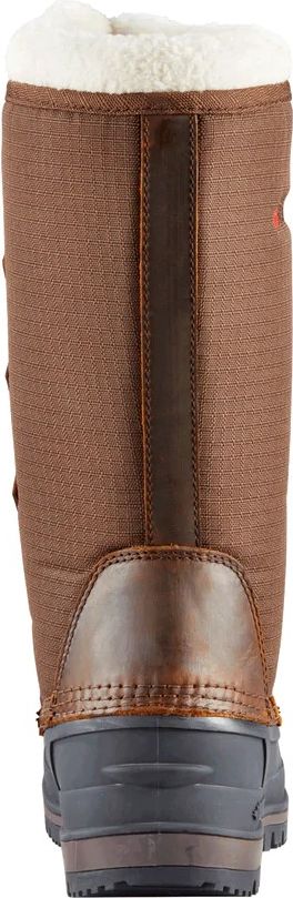 Back view of a brown tall boot with dark sole and white faux fur lining.