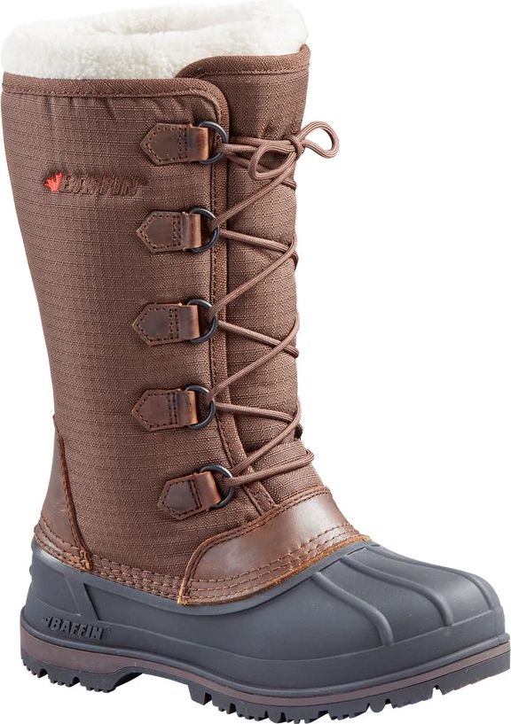Brown insulated lace-up winter boot with cream-colored faux fur trim.