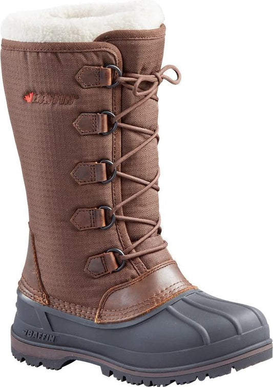 Brown insulated lace-up winter boot with cream-colored faux fur trim.
