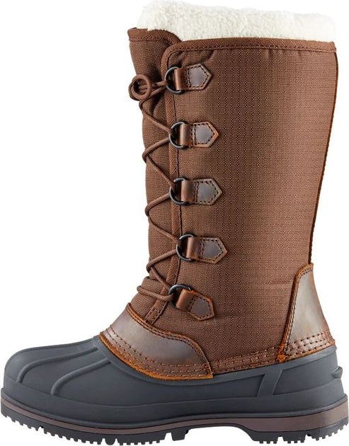 Mid-calf, brown winter boot with black rubber toe, lace-up detail, and plush, white lining.