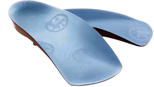 A pair of blue-covered orthotic shoe inserts.