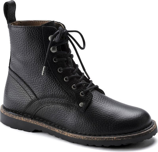 Black, lace-up leather ankle boot with eyelets and a pull loop.