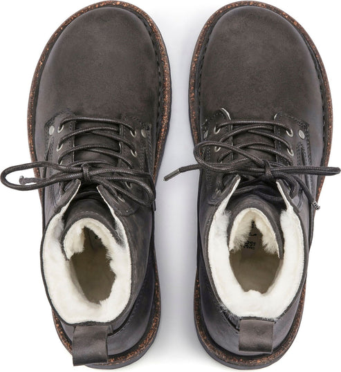 Top-down view of lace-up ankle boots in dark gray with faux fur lining.
