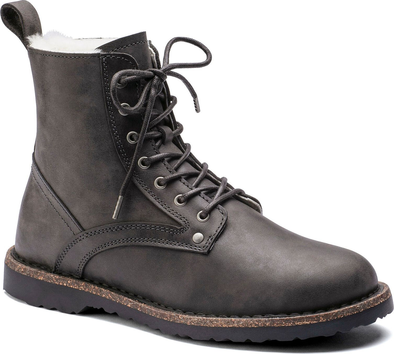 Ankle-high gray leather lace-up boot with a faux fur lining.