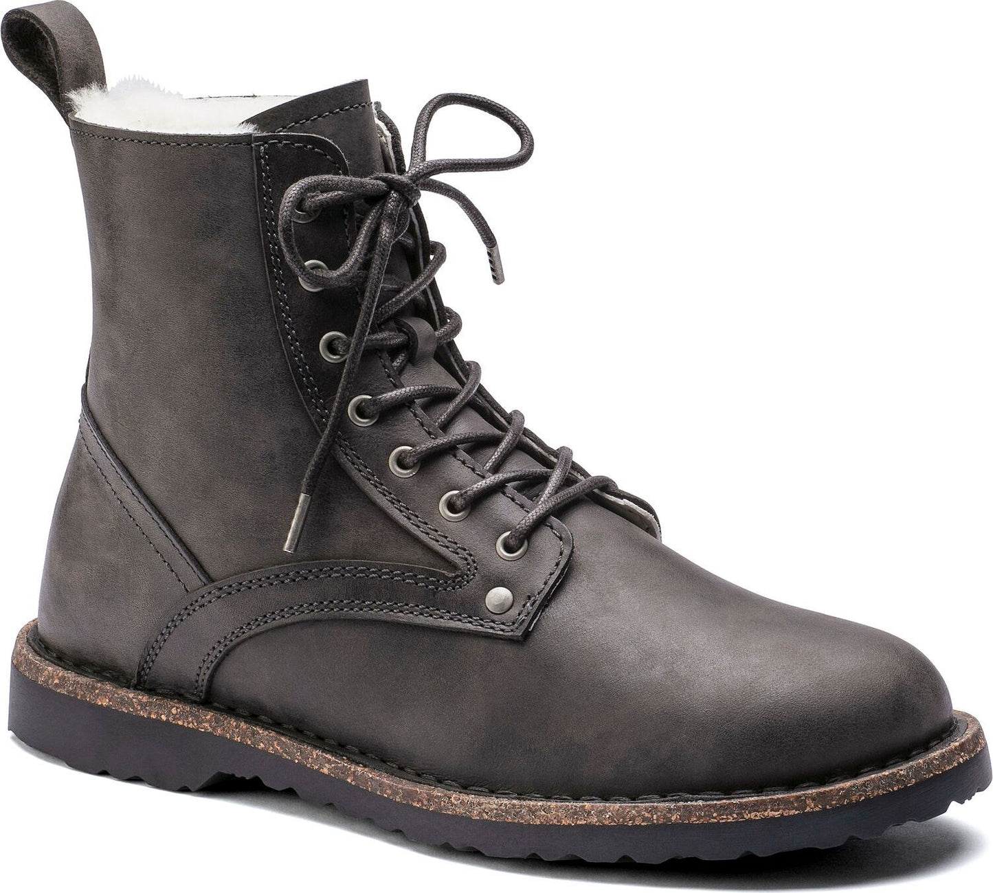 Ankle-high gray leather lace-up boot with a faux fur lining.