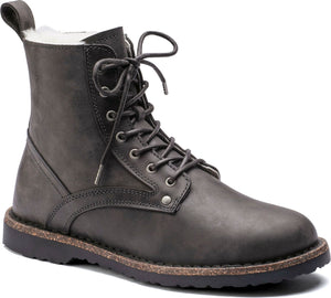 Ankle-high gray leather lace-up boot with a faux fur lining.