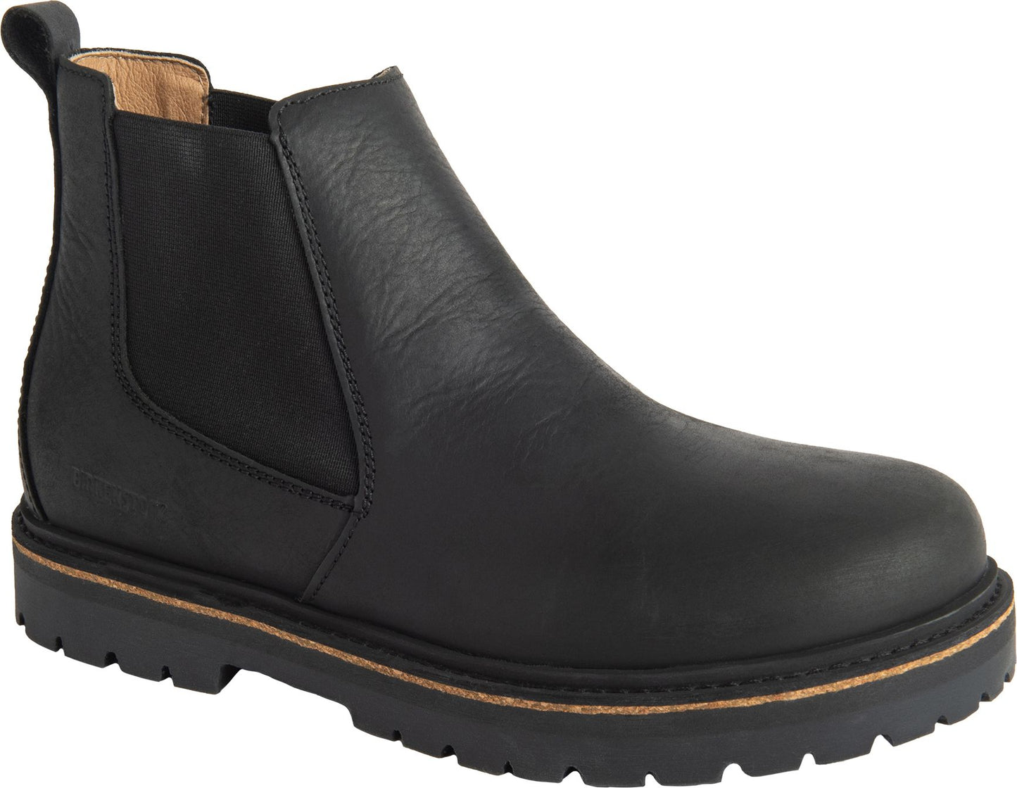 Black leather ankle-high Chelsea boot with elastic side panels and a thick, lugged sole.