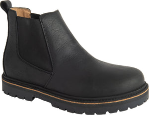 Black leather ankle-high Chelsea boot with elastic side panels and a thick, lugged sole.