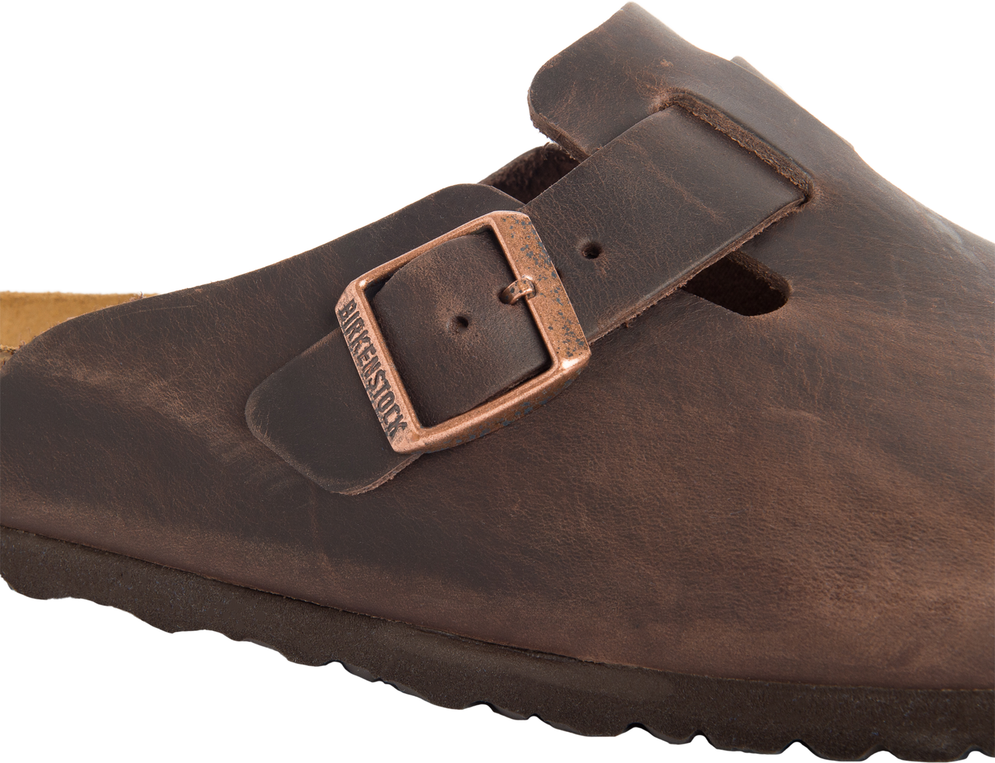 Leather shoe with adjustable buckle; BIRKENSTOCK engraved on the buckle.