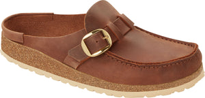 Brown leather clog with gold buckle.