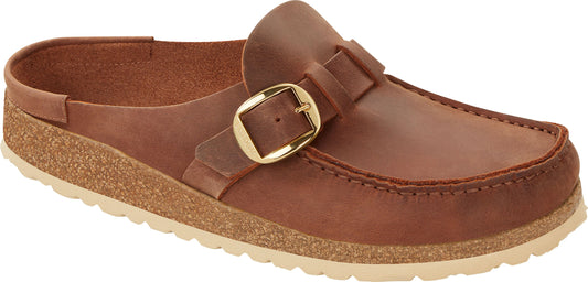 Brown leather clog with gold buckle.