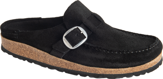 A black suede clog with a silver buckle and a cork midsole.