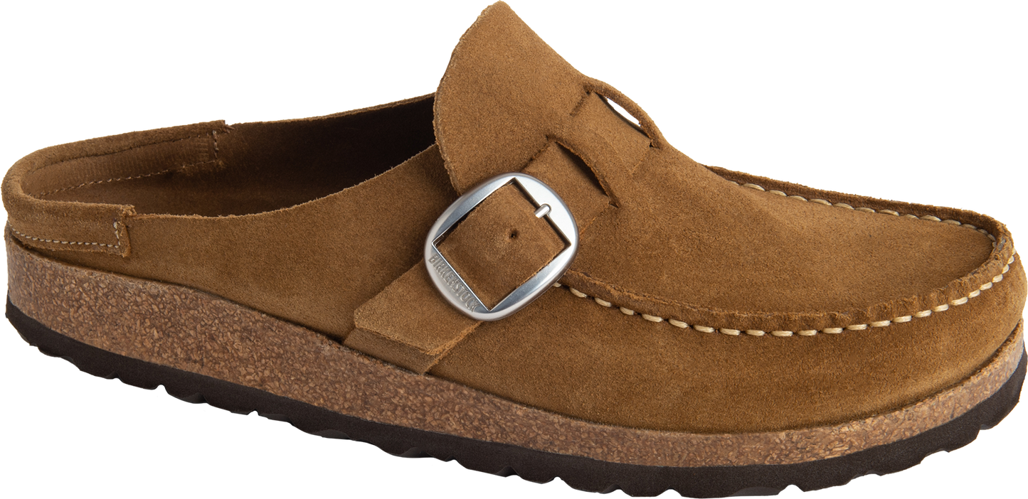 A brown suede clog with a silver buckle.