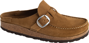 A brown suede clog with a silver buckle.