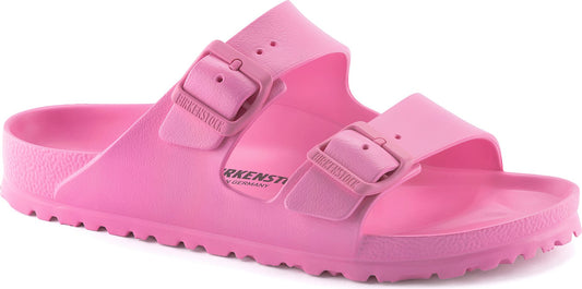 Pink Birkenstock sandals with two adjustable straps and buckles.