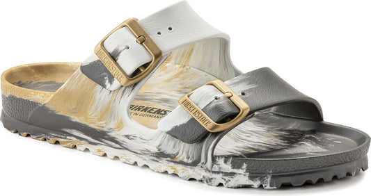 Sandals with gold buckles and abstract gray, white and gold marble pattern.