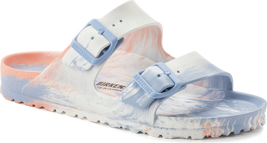 White and blue marbled sandal with two adjustable blue straps and silver buckles.