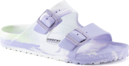 Two-strap lavender and white marbled slide sandal with adjustable buckle straps.