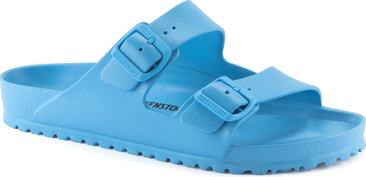 A pair of light blue sandals with adjustable straps.