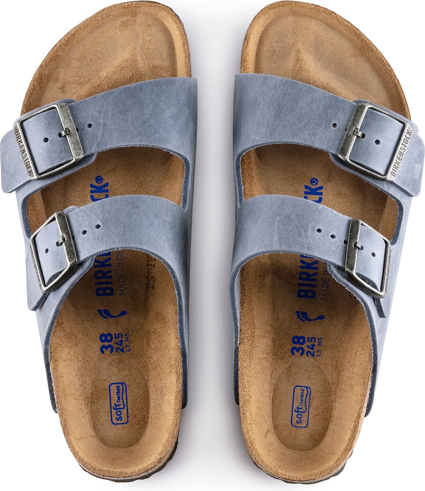 Two light blue sandal pairs with two adjustable straps, metallic buckles and cork soles showing size 38.