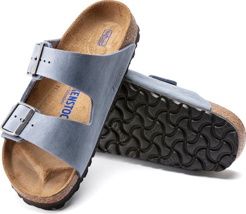 Blue sandal with two adjustable straps and buckle.