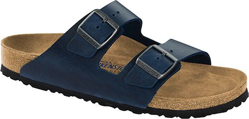 A pair of blue two-strap sandals with adjustable metal buckles.