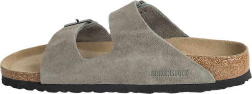 A pair of gray sandals with two straps.