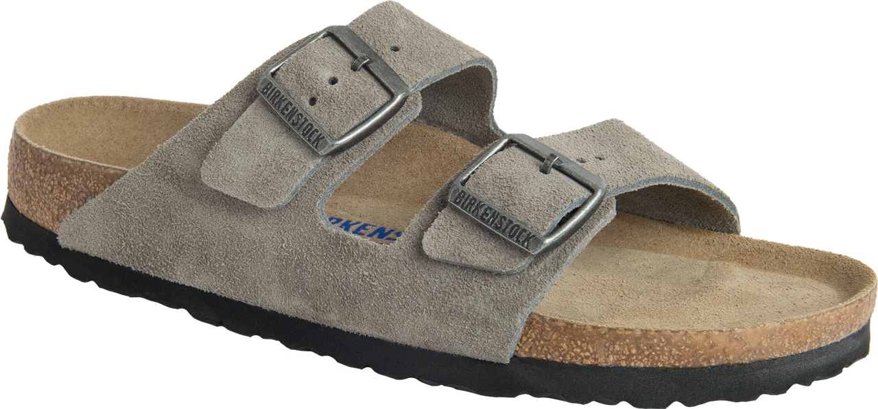 A gray slide sandal with two adjustable buckles.
