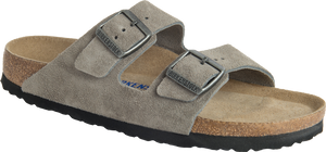 A gray slide sandal with two adjustable buckles.