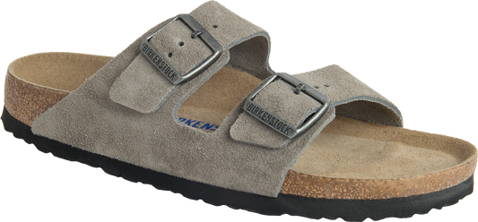A gray slide sandal with two adjustable buckles.