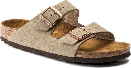 Suede sandal with two adjustable buckled straps and cork footbed.