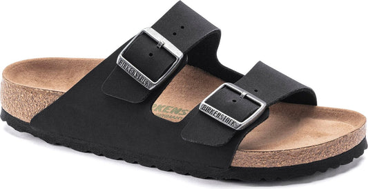 Two-strap sandal with adjustable buckles, black straps, and cork footbed.