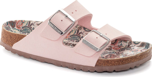 Pink two-strap sandal with silver buckles and floral print footbed.