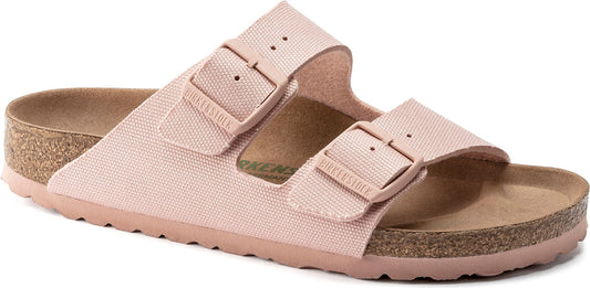 Two-strap pink sandal with adjustable buckles and a cork footbed.