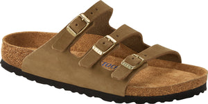 A light brown sandal with three buckled straps.