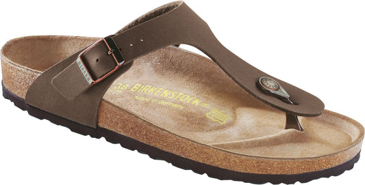 Brown thong sandal with adjustable buckle and contoured footbed.