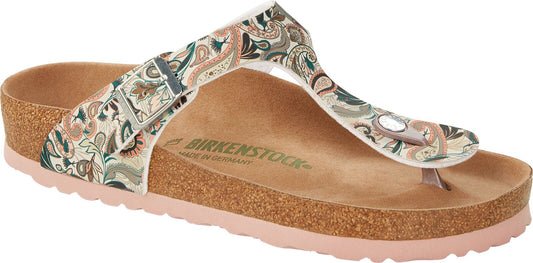 A paisley-patterned sandal.