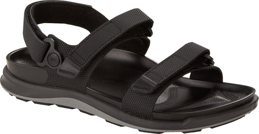 Black sandal with two adjustable straps and a back strap, resting on a black and gray sole.