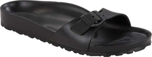 Black slide sandal with adjustable buckle strap.