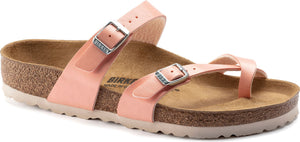 A pink sandal with two adjustable straps and silver buckles.